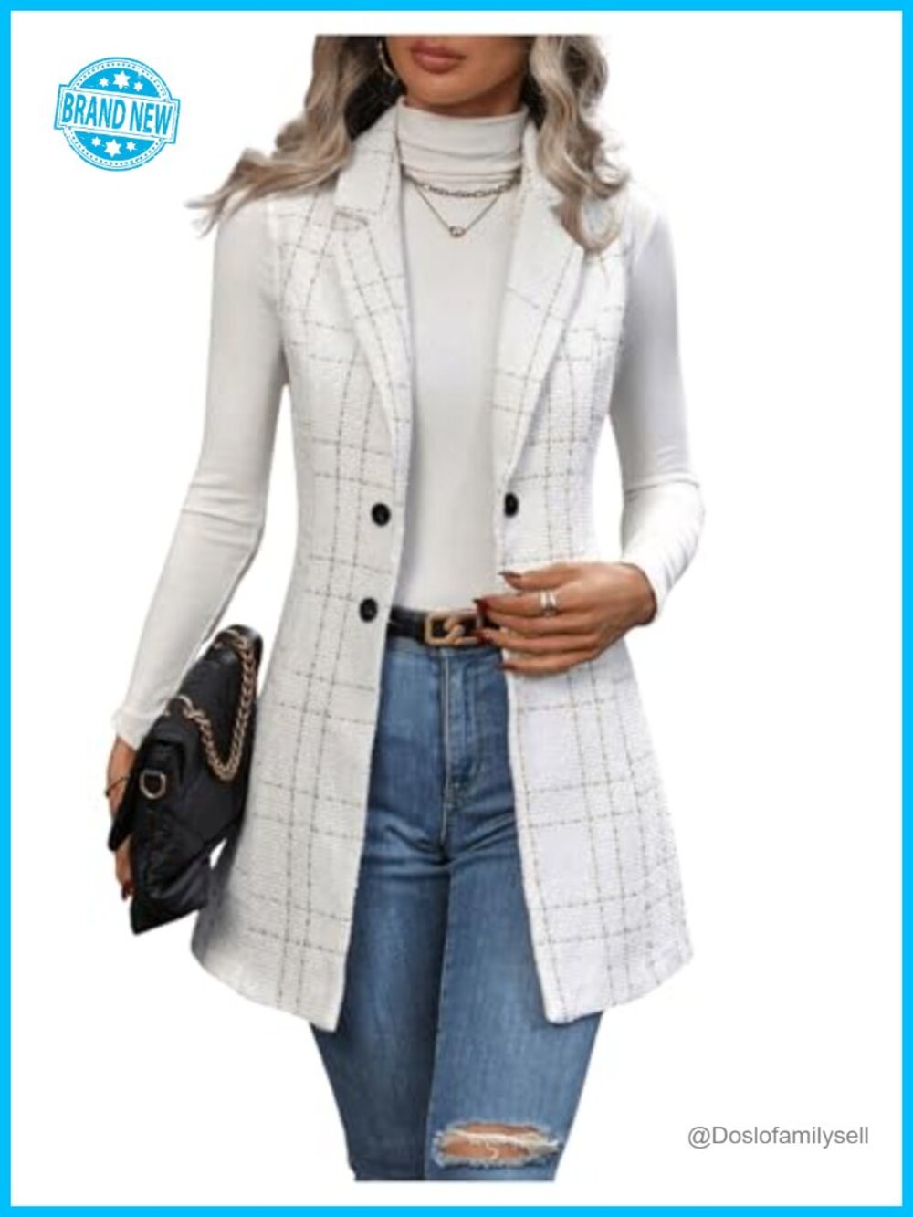 Tweed Plaid Sleeveless Long Blazer Vest Double Breasted Work